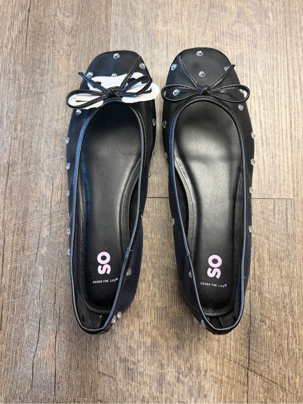 SO Black Ballet Flats with Rhinestone Studs and Contrast Bow